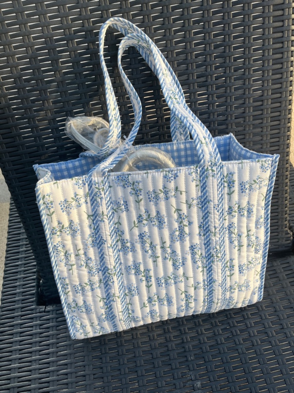 Nanette Lepore Light Blue Floral Quilted Tote with Gingham Bear Charm - Picture 4 of 9